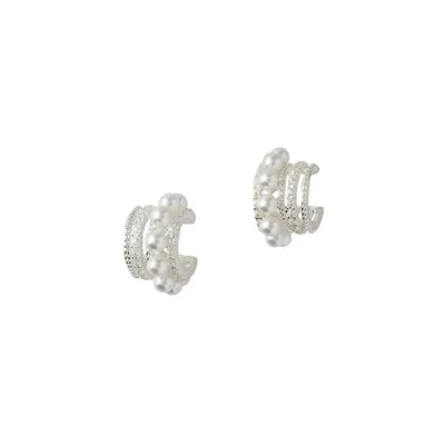 Silvertone Beaded Multi-Row Huggie Earrings