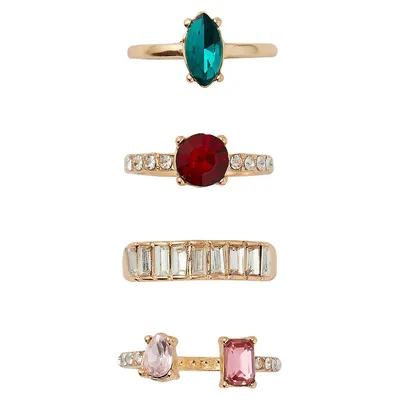 4-Piece Goldtone & Crystal Ring Set