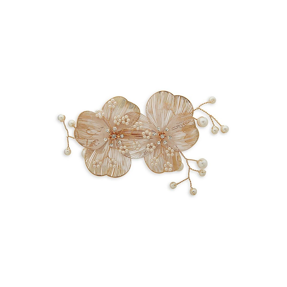 Goldplated, Faux Pearl & Clear Stone Floral Hair Barrette