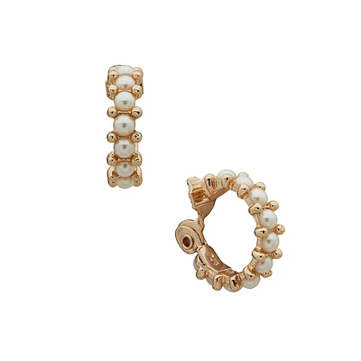 Goldtone & Faux Pearl Clip-On Hoop Earrings