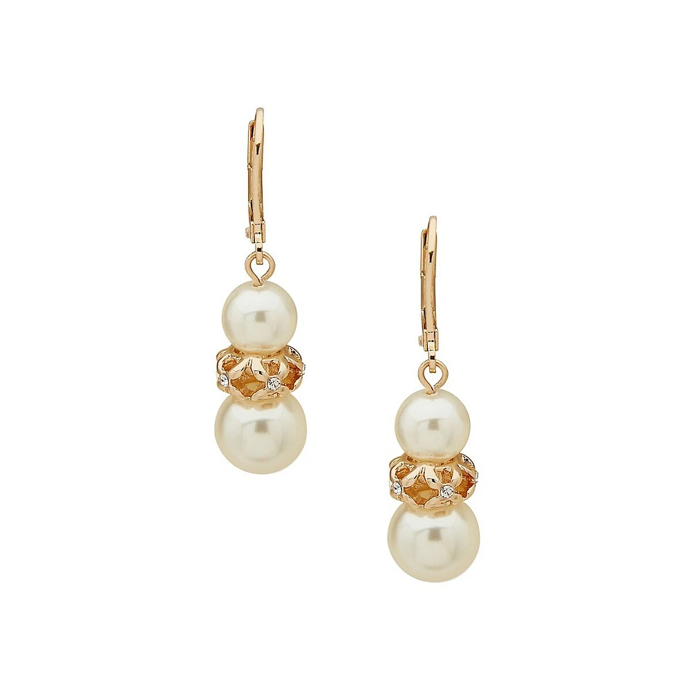 Goldtone, Faux Pearl & Glass Crystal Snowman Drop Earrings