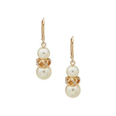 Goldtone, Faux Pearl & Glass Crystal Snowman Drop Earrings