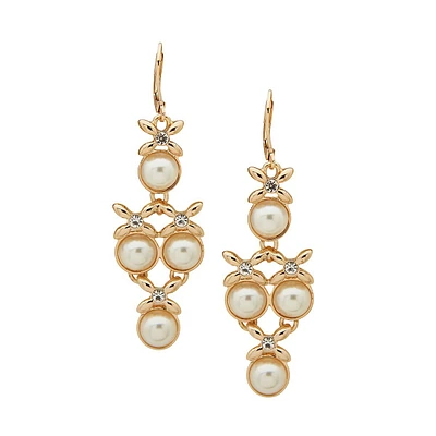 Goldtone, Faux Pearl & Glass Crystal Floral Chandelier Earrings
