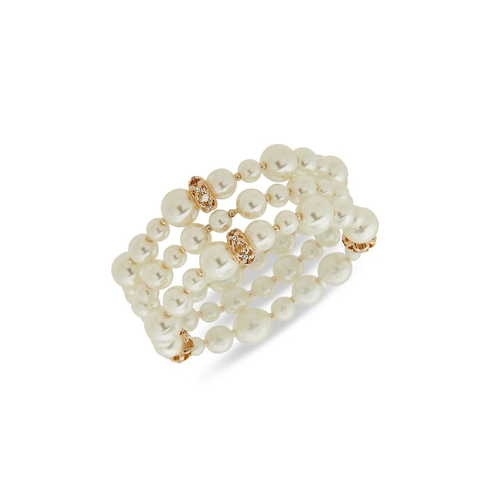 Goldtone, Faux Pearl & Glass Crystal 3-Piece Stretch Bracelet Set