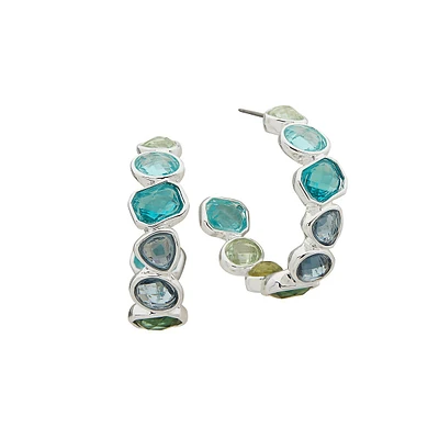 Silvertone & Multi-Stone Hoop Earrings