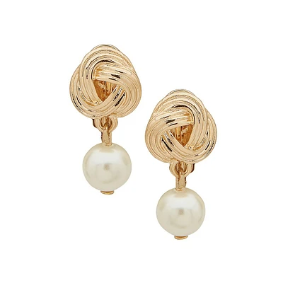 Goldtone & Glass Pearl Drop Knot Clip-On Earrings