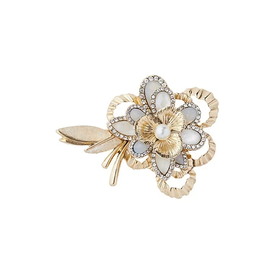 Goldtone, Mother-Of-Pearl & Crystal Floral Brooch