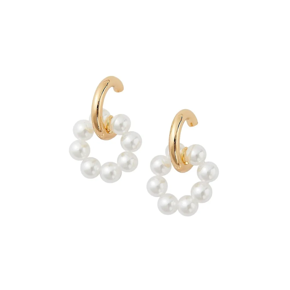 Jan Goldtone & Faux Pearl Huggie Hoop Earrings