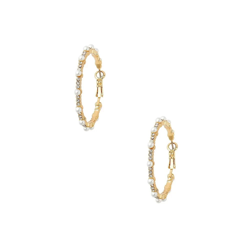 Jan Goldtone, Glass Crystal & Faux Pearl Hoop Earrings