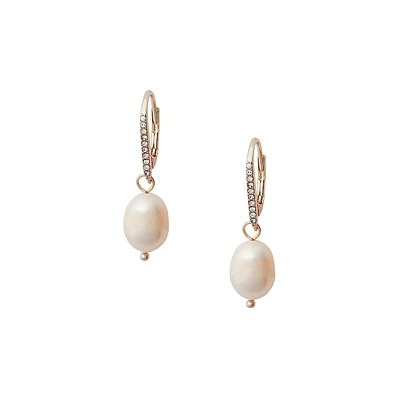 Rose Goldtone, 9-11MM Baroque Freshwater Pearl & Crystal Huggie Hoop Drop Earrings