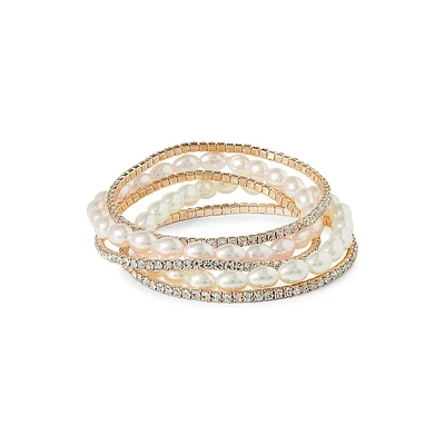 Two-Tone, Crystal & Faux Pearl 5-Piece Bracelet Set