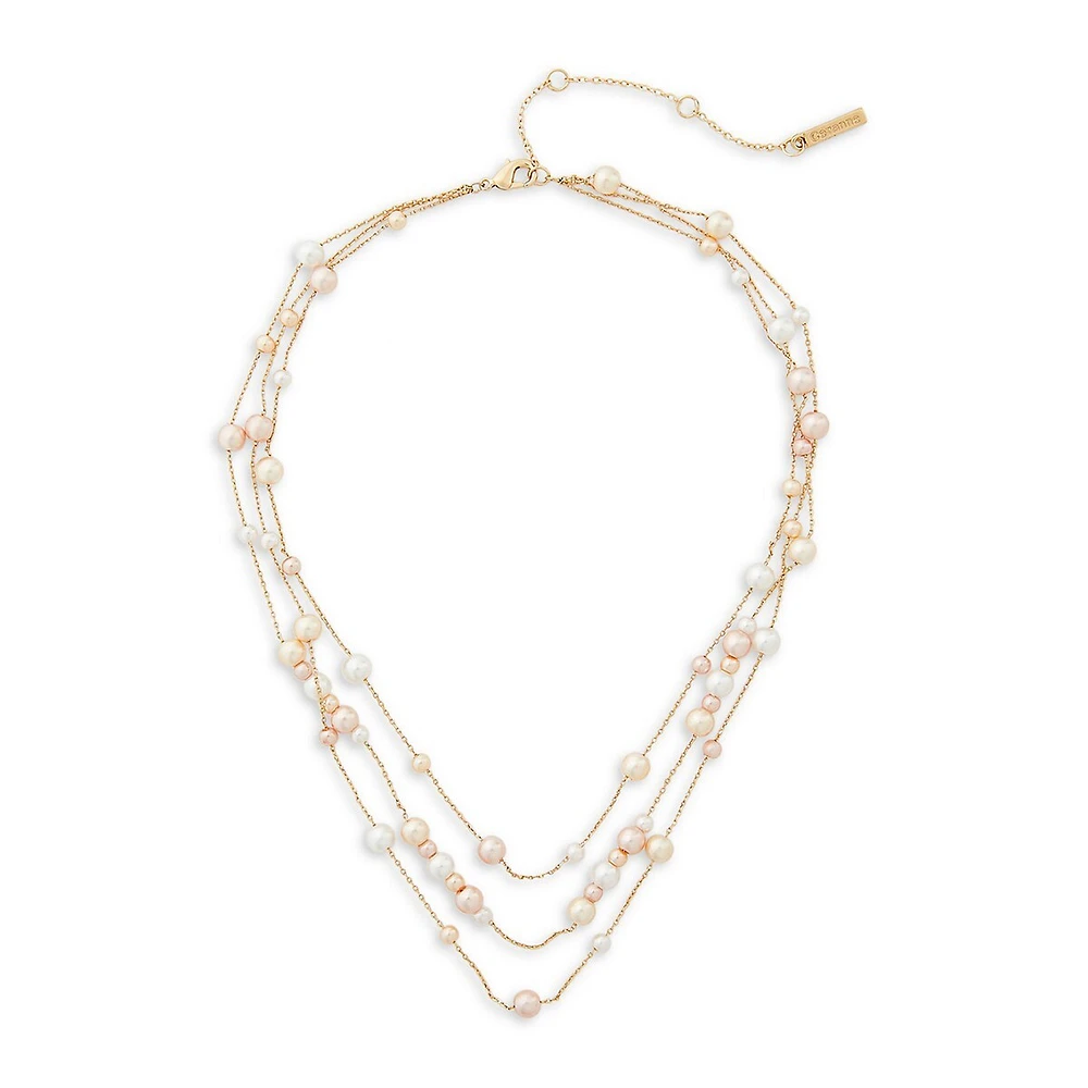 Goldtone & Acrylic Faux Pearl 3-Tier Station Necklace