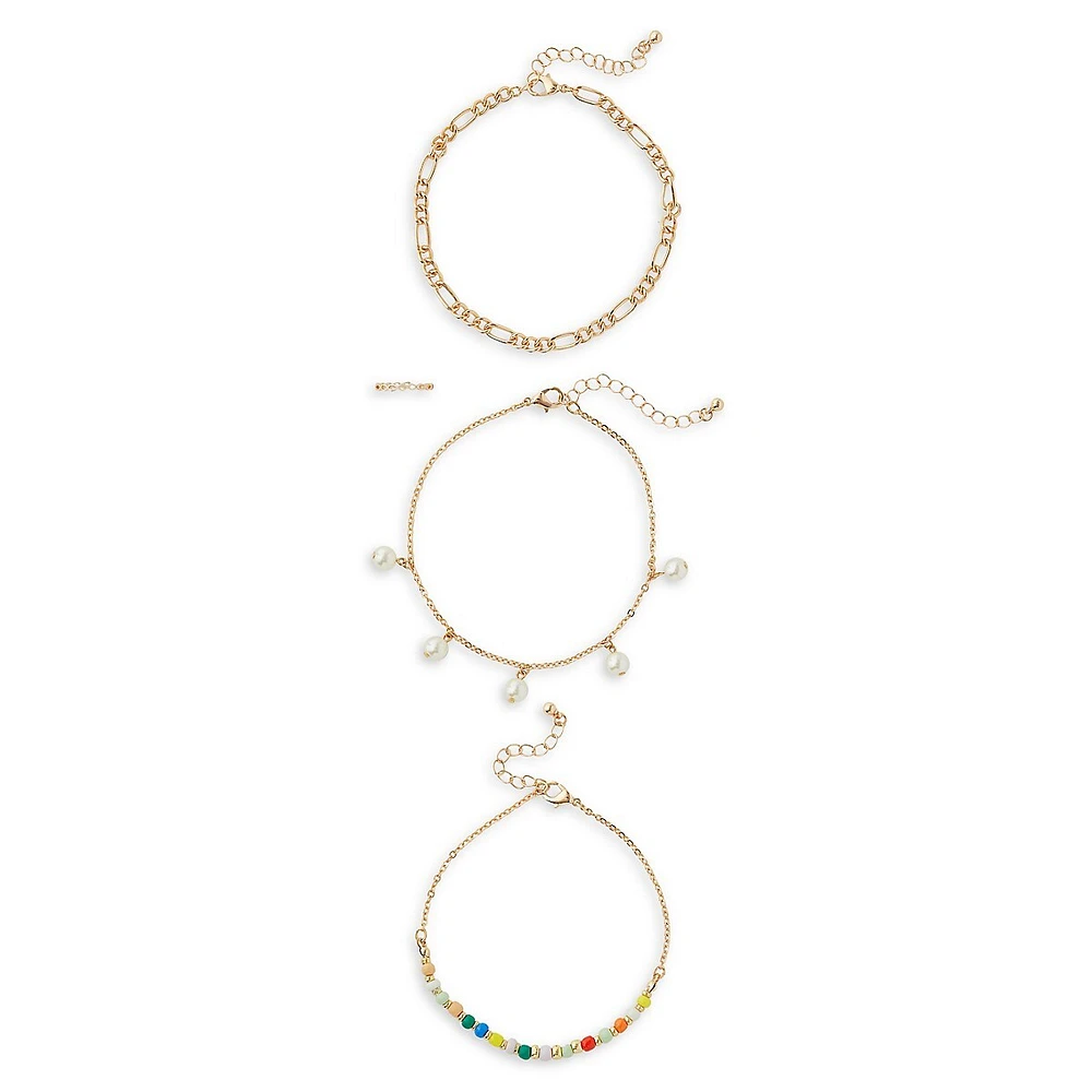 Goldtone, Bead & Faux Pearl 3-Piece Anklet Set