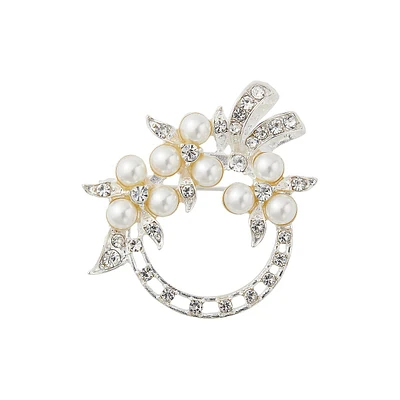 Two-Tone, Faux Pearl & Crystal Brooch