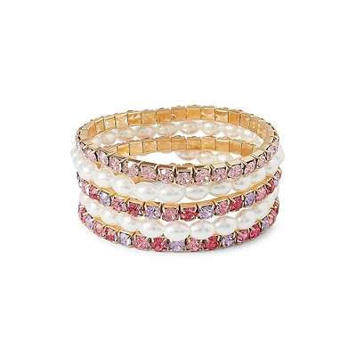 Goldtone, Crystal & Faux Pearl 5-Piece Stretch Bracelet Set
