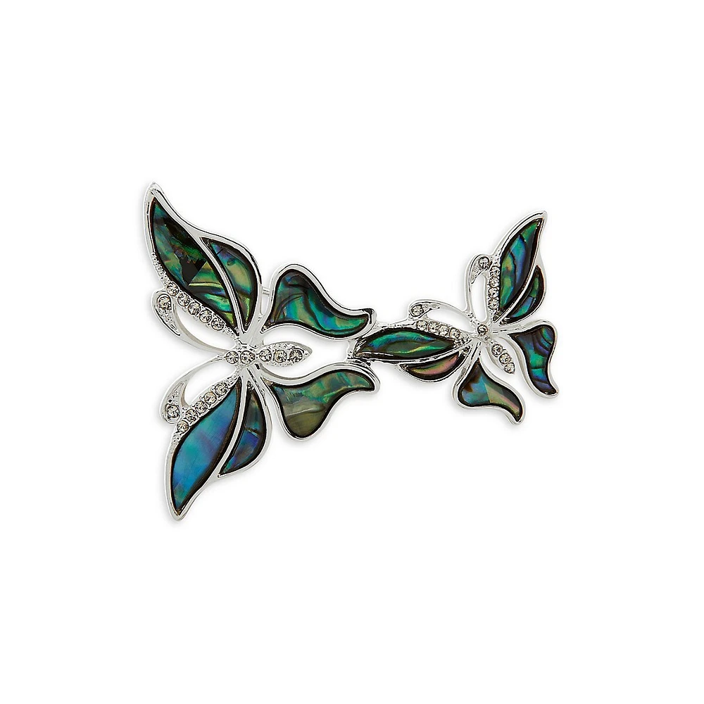 Silvertone, Stone & Crystal Double-Butterfly Brooch