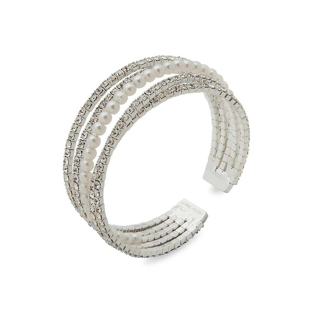 Silvertone, Faux Pearl & Crystal Coil Bracelet