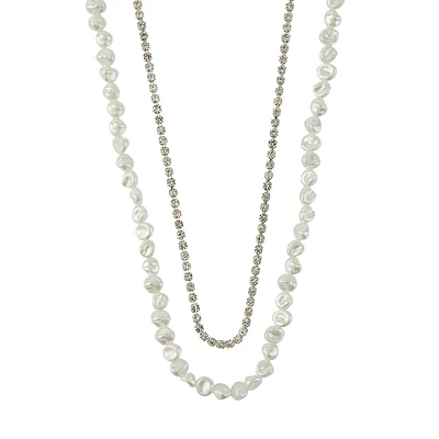 Silvertone, Faux Baroque Pearl & Glass Crystal Double Necklace
