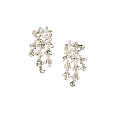 Silvertone, Faux Pearl & Glass Crystal Cluster Earrings