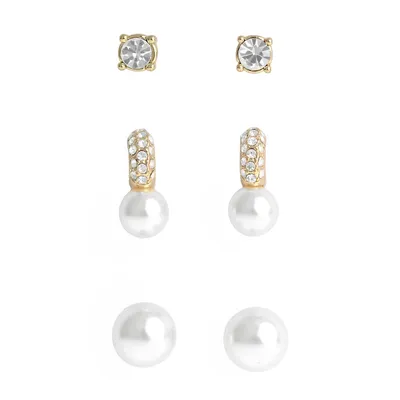 Trio Pearl & Crystal Earrings Set