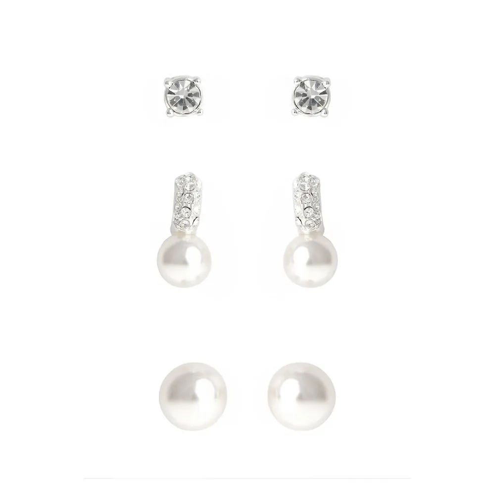 Crystal And Pearl Trio Stud Earring Set