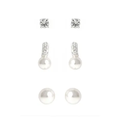 Crystal And Pearl Trio Stud Earring Set