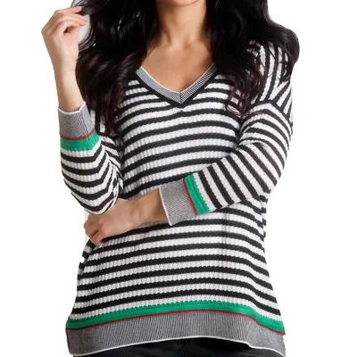 Striped V-neck 3/4 Sleeve Sweater