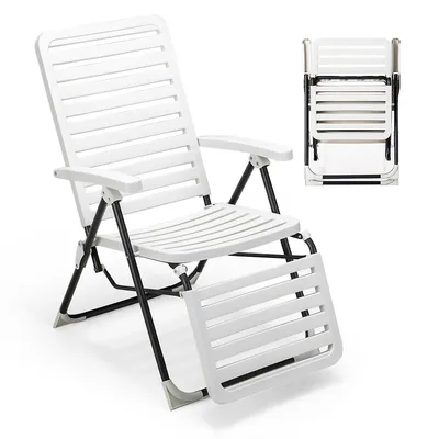 Patio Pp Chaise Lounge Folding Reclining Chair 7-level Backrest Footrest White
