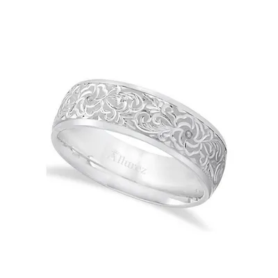Hand-engraved Flower Wedding Ring Wide Band 14k White Gold (7mm)