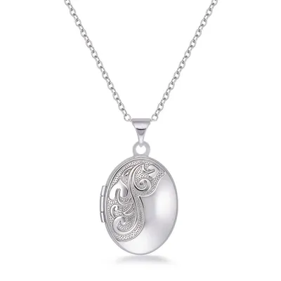 Sterling Silver 18" Oval Engraved Locket Necklace 19x15mm