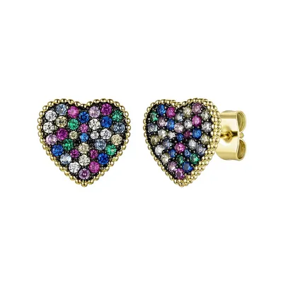 Teens 14k Yellow Gold Plated With Multi-colored Cubic Zirconia Pave Heart Stud Earrings