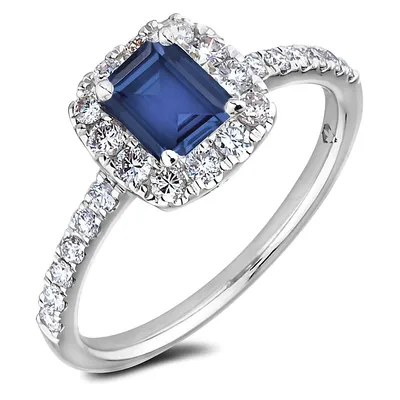 18k White Gold 1.31 Ct Sapphire & 0.68 Cttw Diamond Halo Style Ring