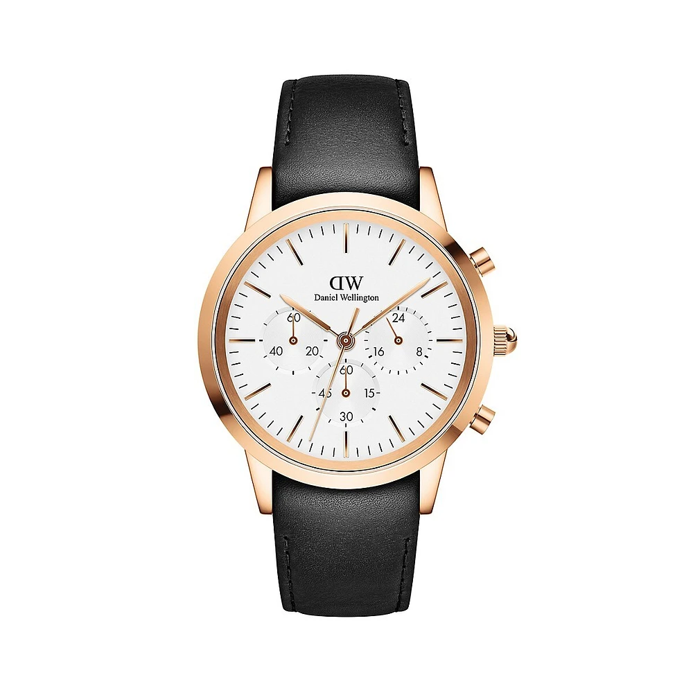 Iconic Chrono Sheffield Rose Goldtone Stainless Steel & Leather Strap Watch DW00100646