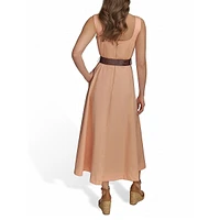 Squareneck Strappy Cotton Sateen Belted Midi Dress