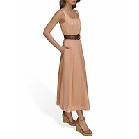 Squareneck Strappy Cotton Sateen Belted Midi Dress