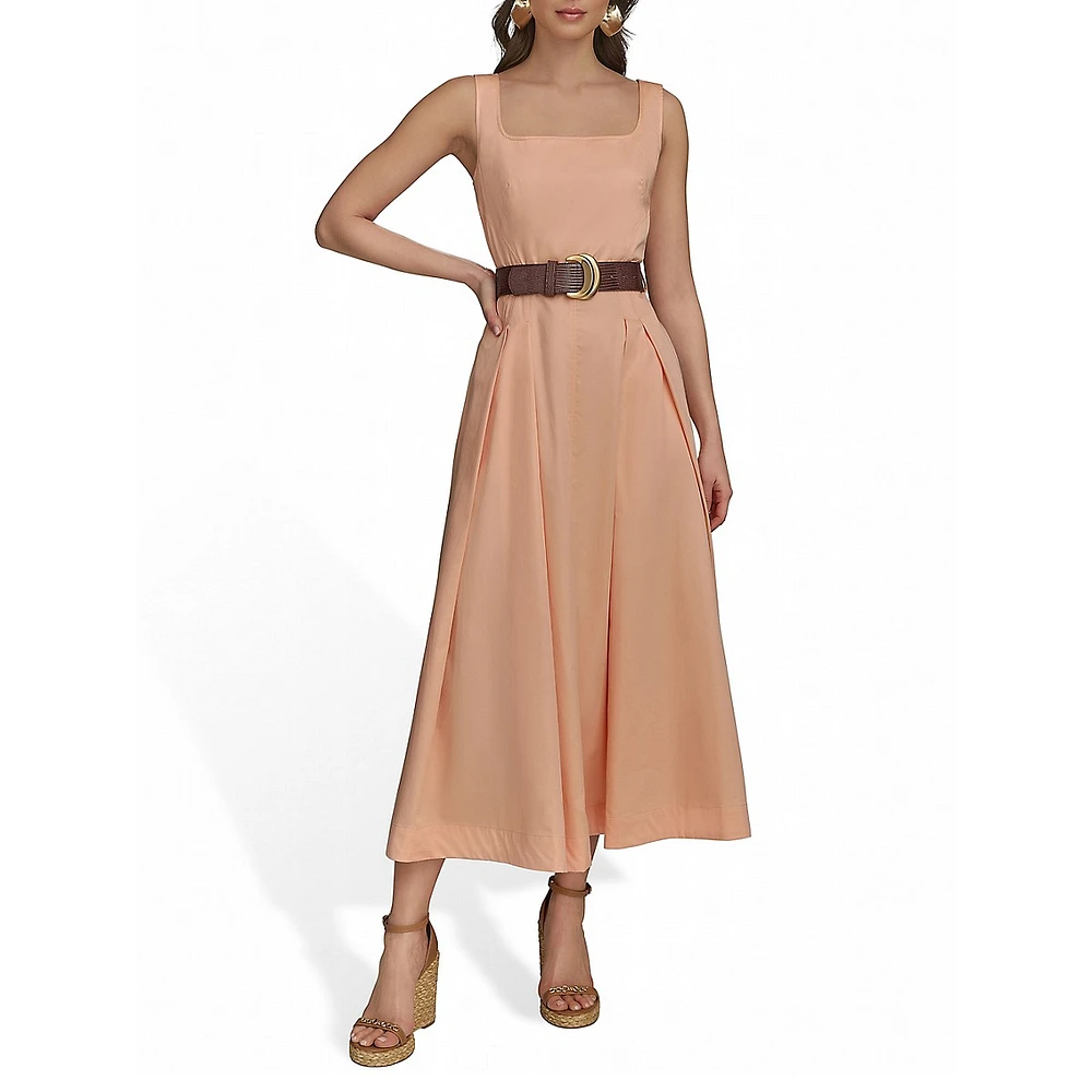 Squareneck Strappy Cotton Sateen Belted Midi Dress