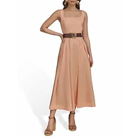 Squareneck Strappy Cotton Sateen Belted Midi Dress