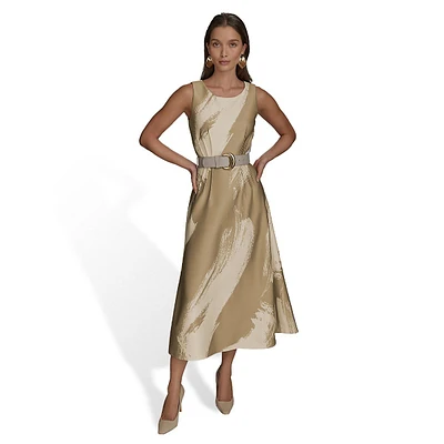 Brushstroke-Print Belted A-Line Midi Dress