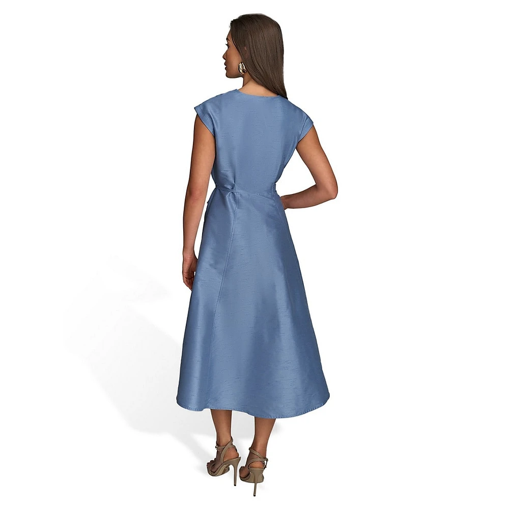 Tied Pleated Shantung Midi Wrap Dress