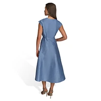 Tied Pleated Shantung Midi Wrap Dress