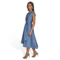 Tied Pleated Shantung Midi Wrap Dress