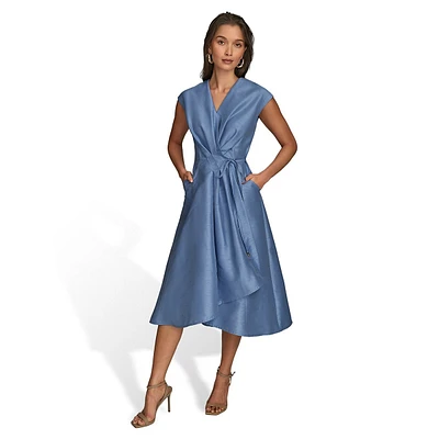 Tied Pleated Shantung Midi Wrap Dress