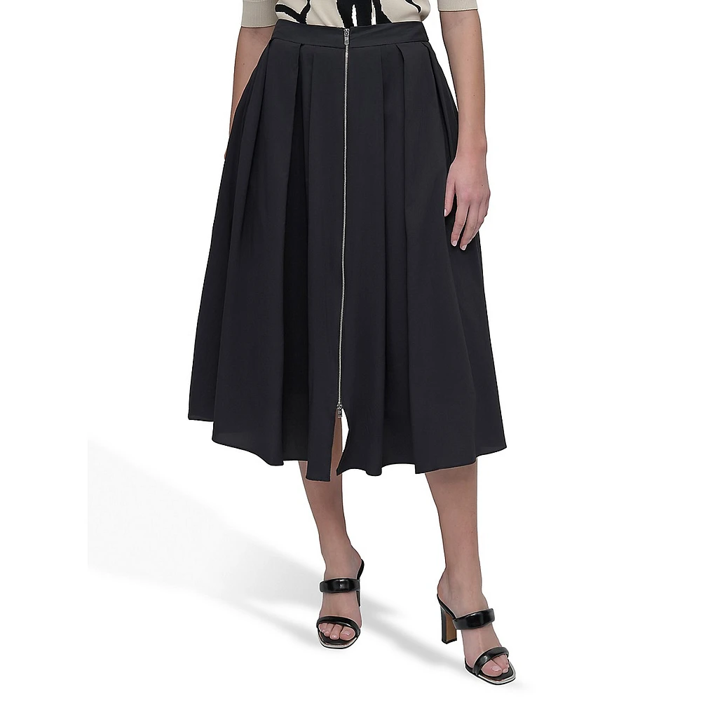 Front-Zip Pleated Parachute Midi Skirt