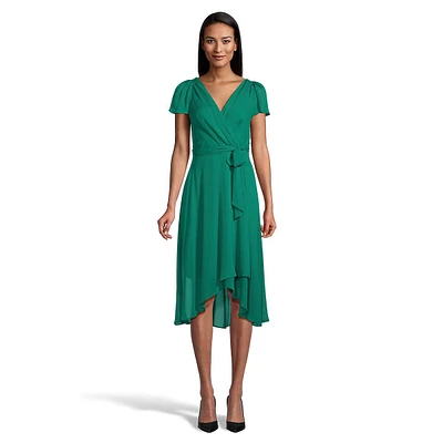 Faux-Wrap Belted Chiffon Dress