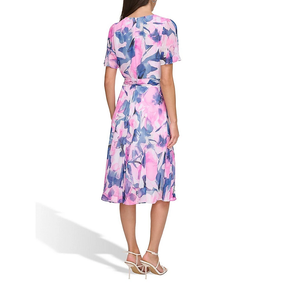 Godet-Pleated Floral Chiffon Dress