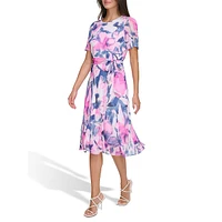 Godet-Pleated Floral Chiffon Dress