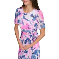 Godet-Pleated Floral Chiffon Dress