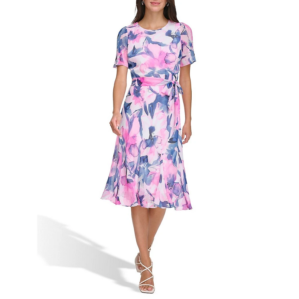 Godet-Pleated Floral Chiffon Dress