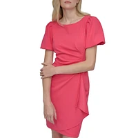 Bubble-Sleeve Ruched-Waist Sheath Dress