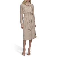 Long-Sleeve Collared Belted Utility Shirt Dress